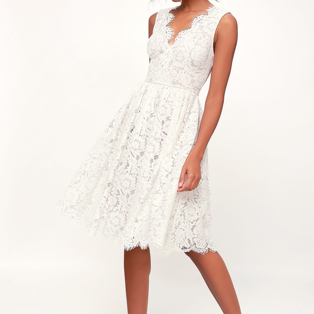 NWT Lulus Love Swept White Lace Midi Skater Dress